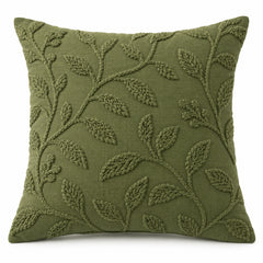 Olive green decorative cushion cover with raised leafy vine texture