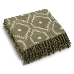 Olive green minimal geometric jacquard cotton throw with fringe 130×170 cm by Primeval