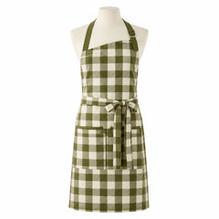 Primeval olive and natural check chef apron displayed on a dress form
