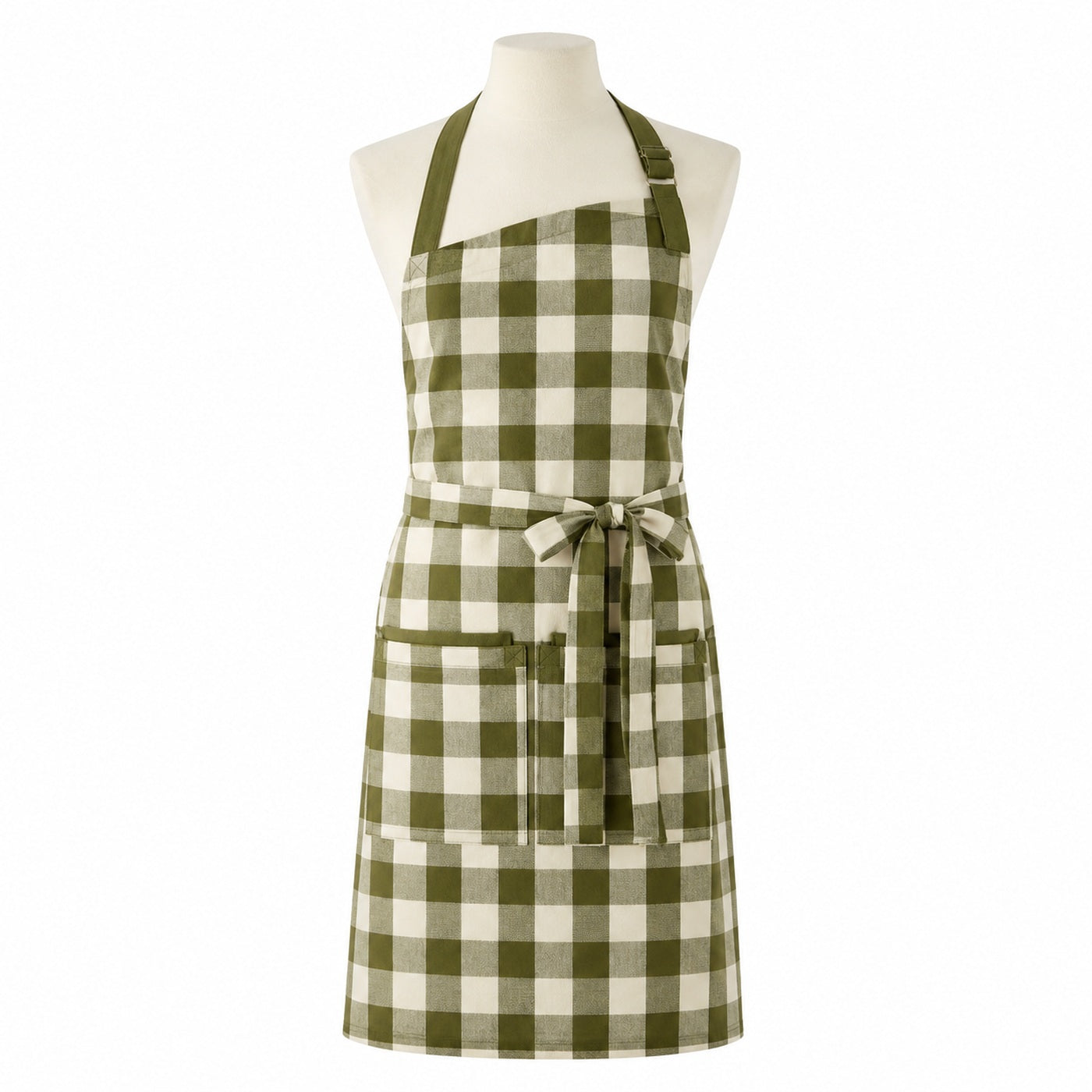 Primeval olive and natural check chef apron displayed on a dress form