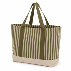 Olive and natural striped utility tote bag with a reinforced natural base and olive handles on a white background.
