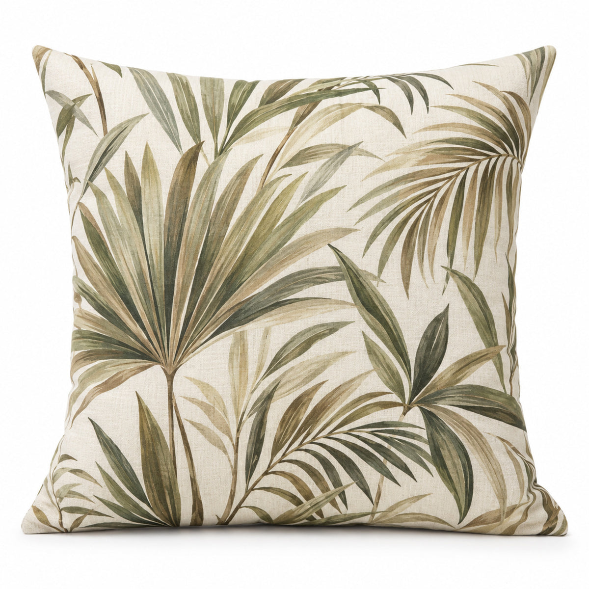 Ivory decorative cushion with layered olive tropical palm leaf print
