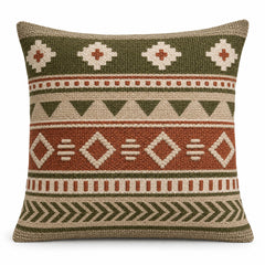 Olive rust and ivory decorative cushion with horizontal geometric motifs