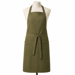Primeval olive green chef apron with side pocket displayed on a dress form