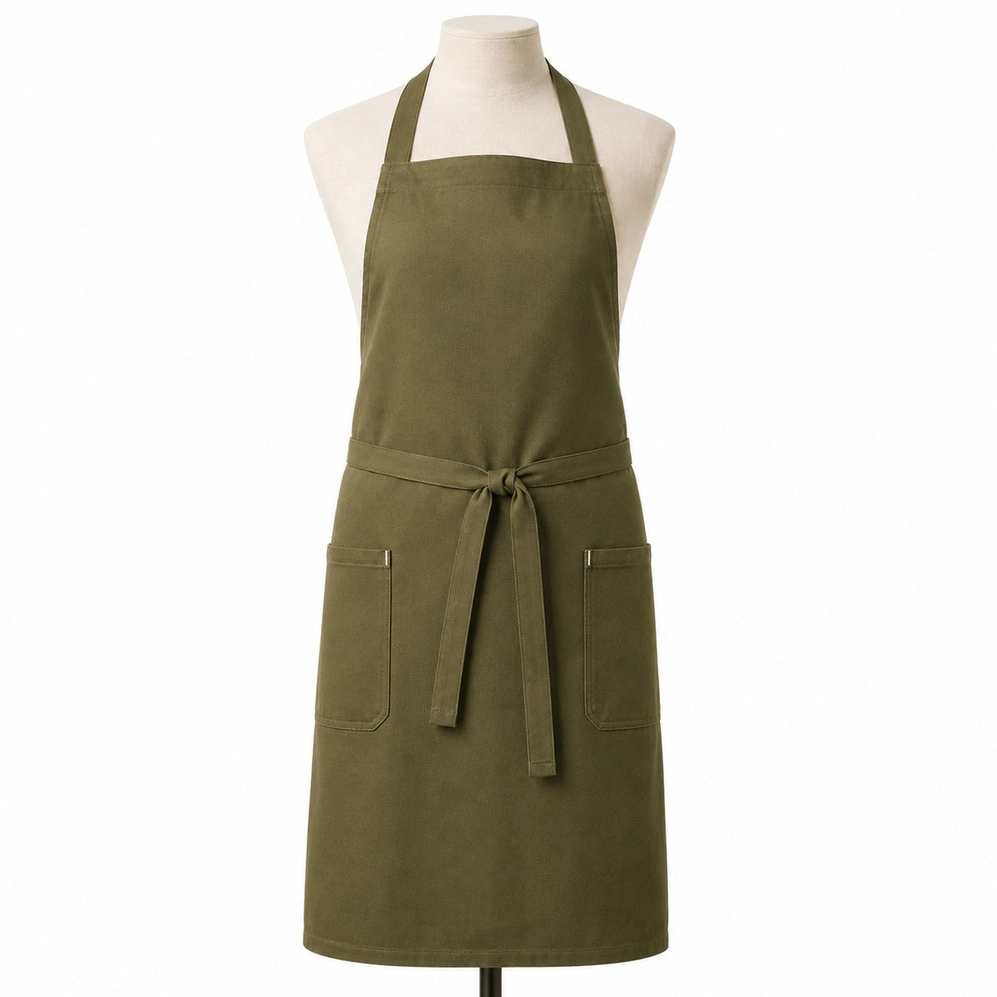 Primeval olive green chef apron with side pocket displayed on a dress form