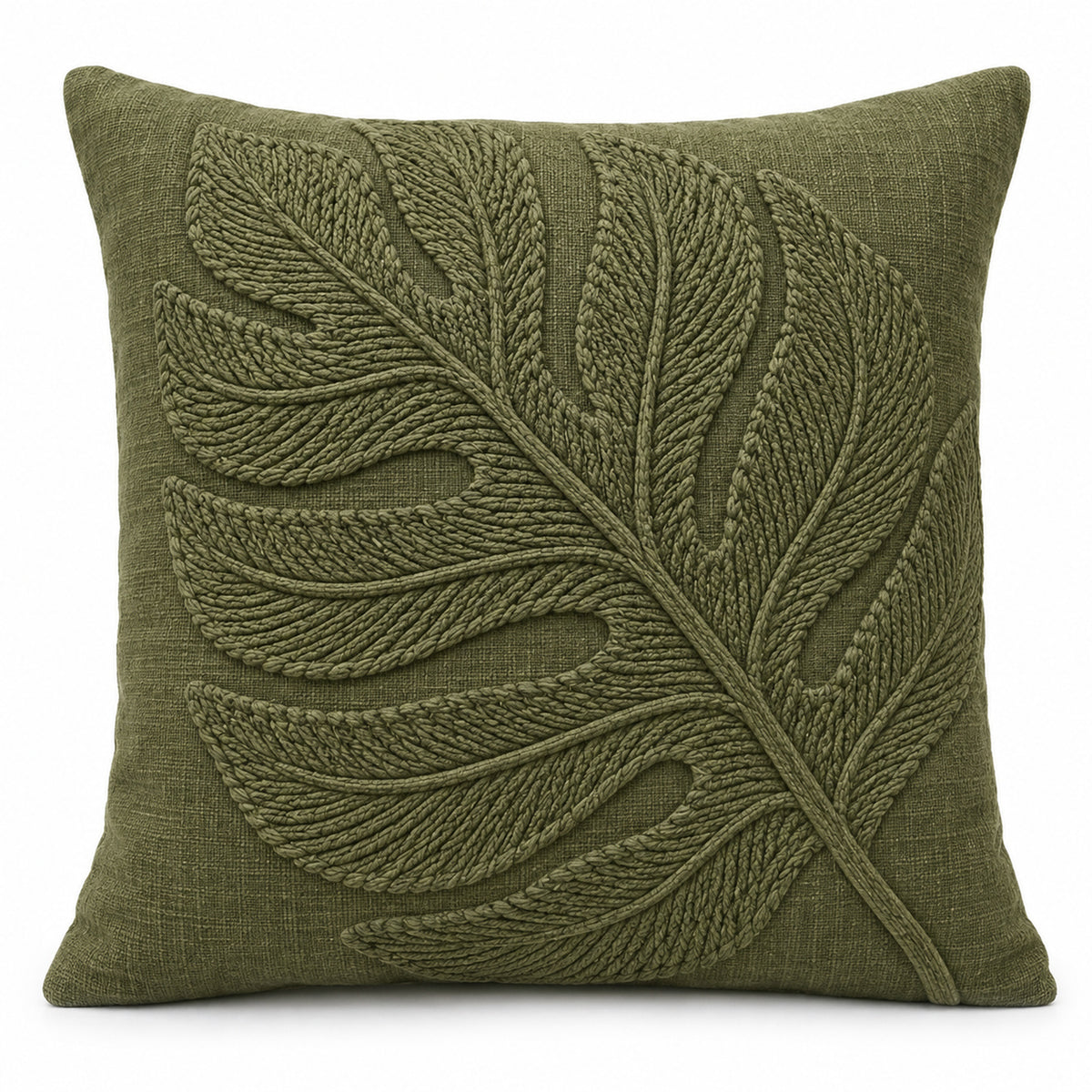 Olive Green Embroidered Cotton Cushion Cover with Textured Leaf Design – 45 x 45 cm