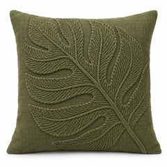Olive Green Embroidered Cotton Cushion Cover with Textured Leaf Design – 45 x 45 cm