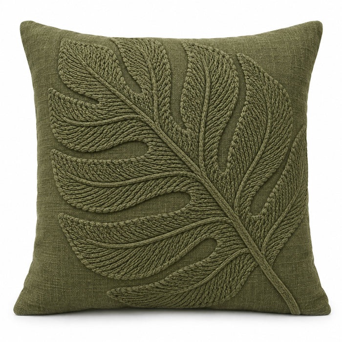 Olive Green Embroidered Cotton Cushion Cover with Textured Leaf Design – 45 x 45 cm
