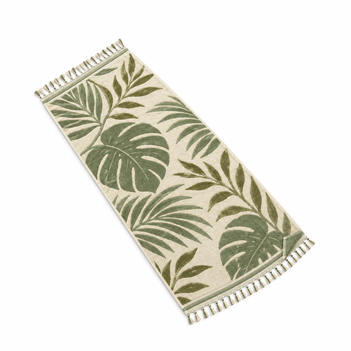 Ivory beach towel with olive tropical leaf print and fringed ends.