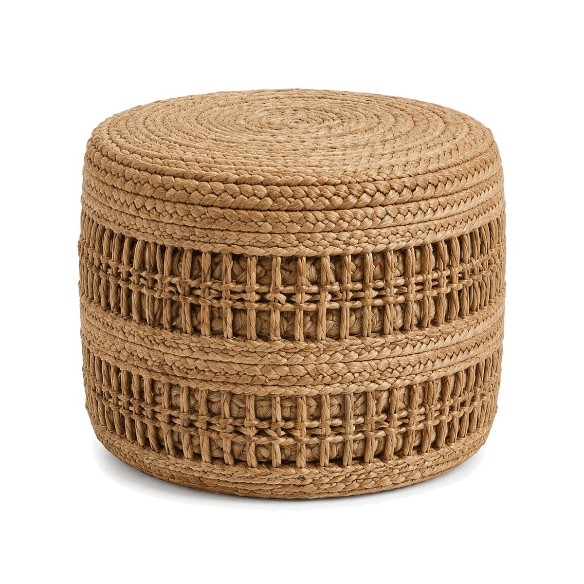 Natural braided jute round pouf with open weave side panels