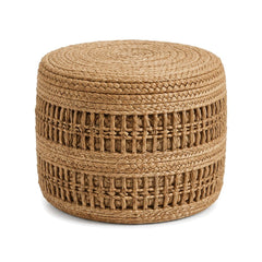 Natural braided jute round pouf with open weave side panels