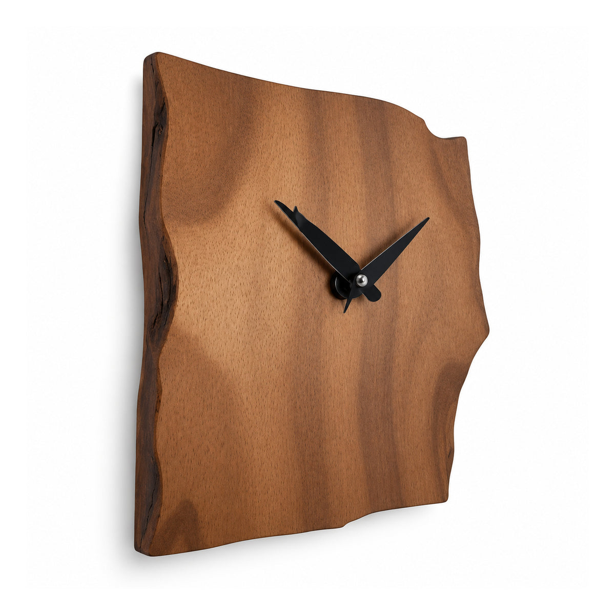 Organic rectangular wooden wall clock with irregular live-edge sides, warm brown grain and simple black clock hands