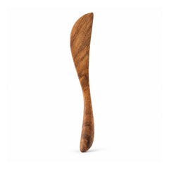 Organic shaped wooden spreading knife with tapered curved tip, narrow central grip and pronounced brown grain