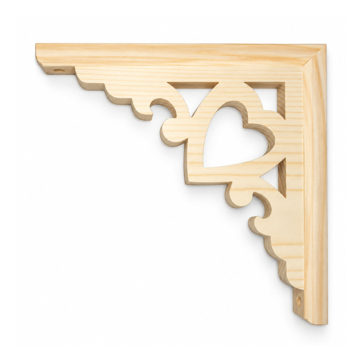 Ornate pale natural-wood L-shaped shelf corbel with carved scalloped curves and open heart-shaped cutout in the middle