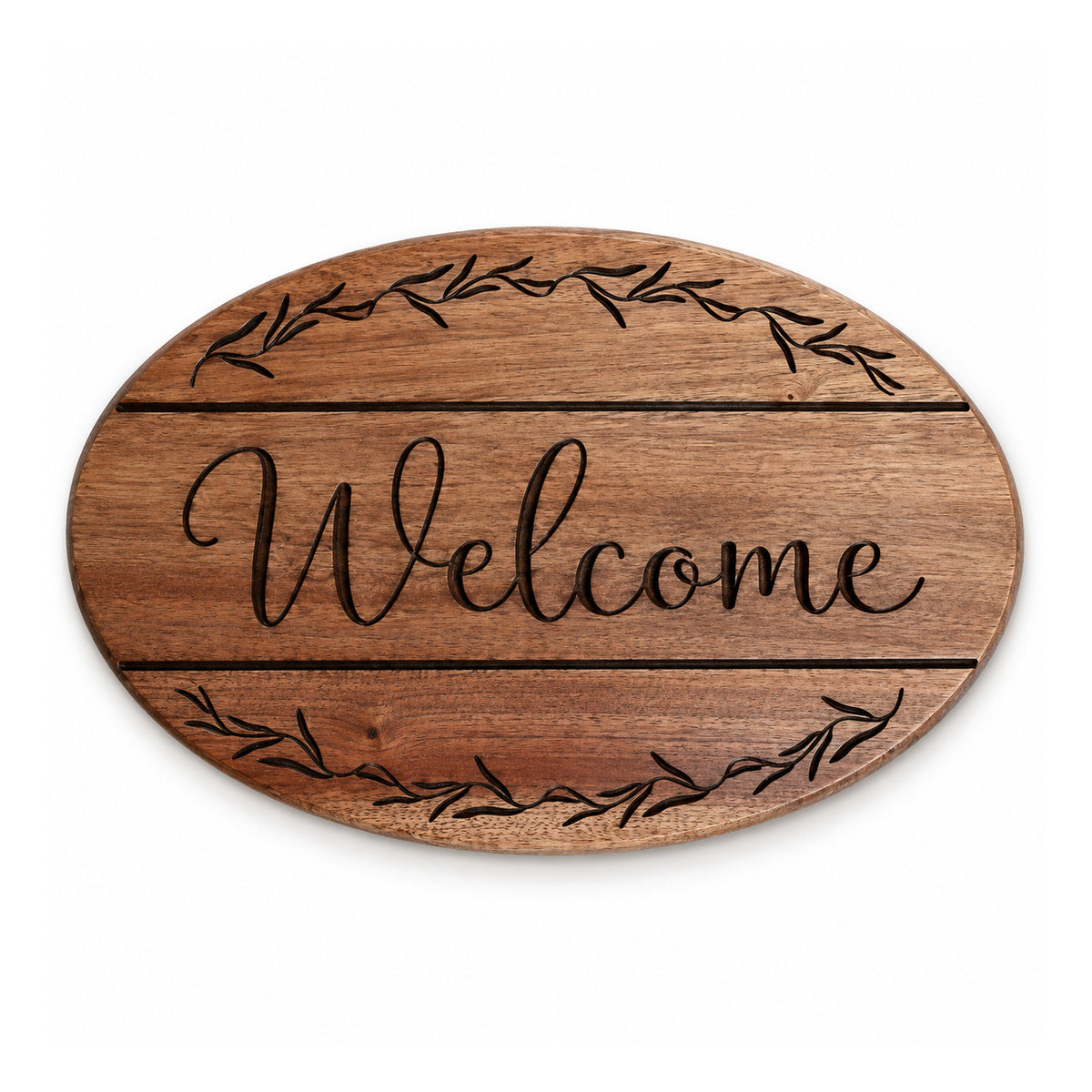 Oval warm brown wooden welcome plaque with dark engraved Welcome lettering and decorative leafy branches