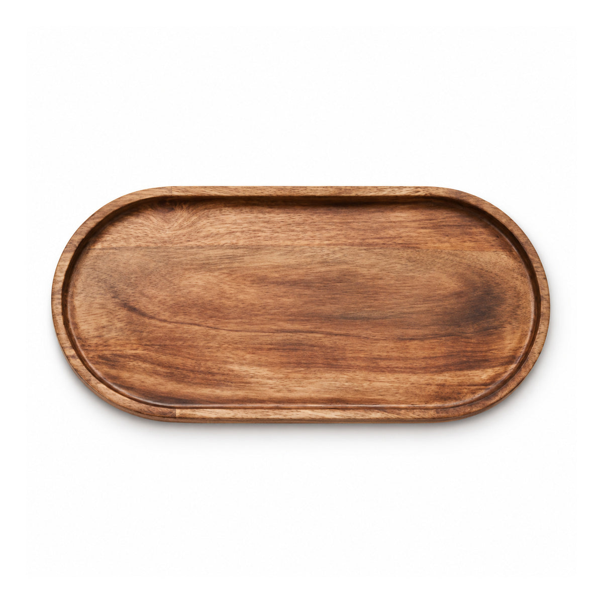 Low oval-rectangular wooden serving tray with rounded corners, a shallow raised rim and warm medium-brown grain