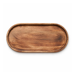 Low oval-rectangular wooden serving tray with rounded corners, a shallow raised rim and warm medium-brown grain