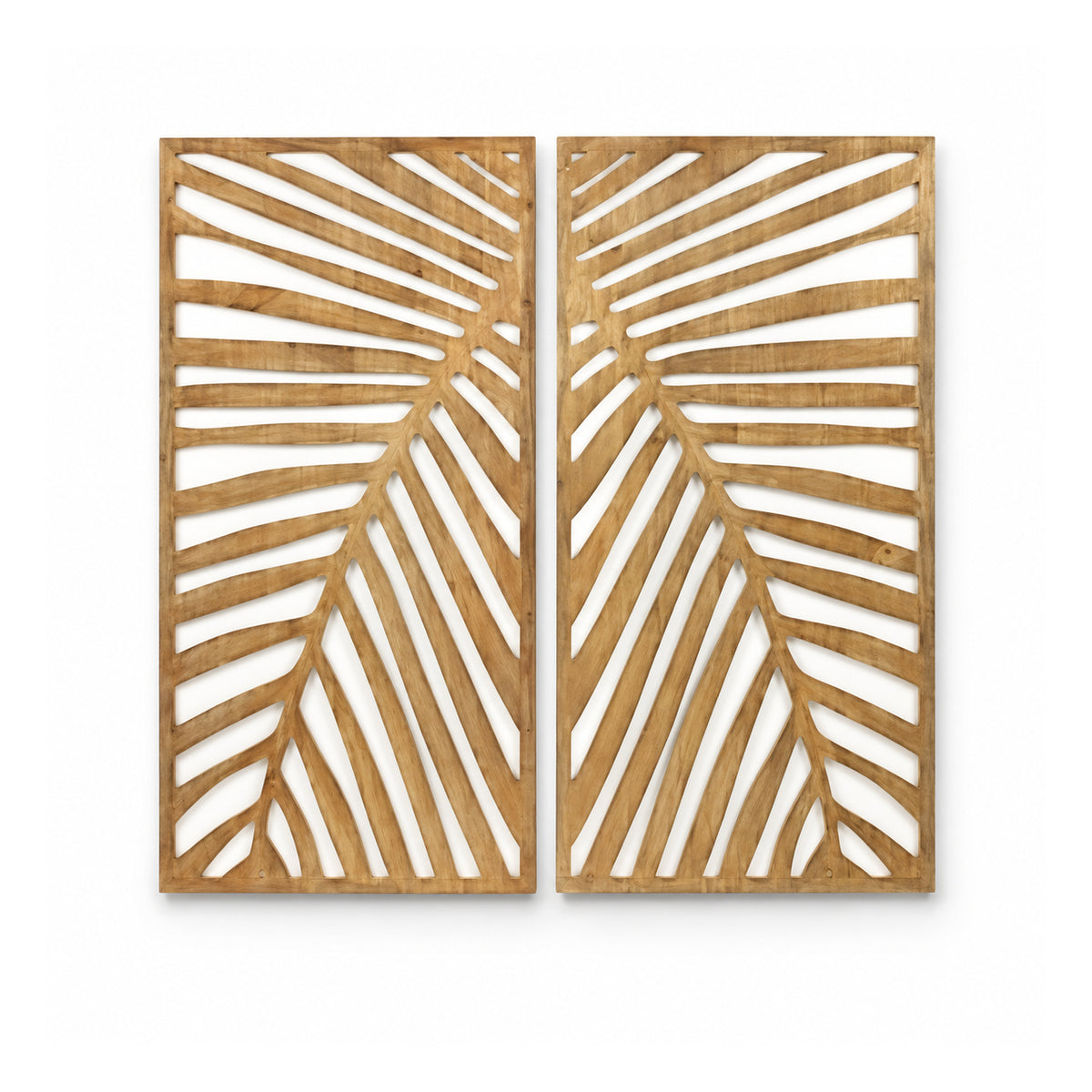 Pair of tall rectangular golden-brown wooden wall art panels featuring open-cut palm leaf and frond patterns