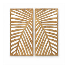 Pair of tall rectangular golden-brown wooden wall art panels featuring open-cut palm leaf and frond patterns