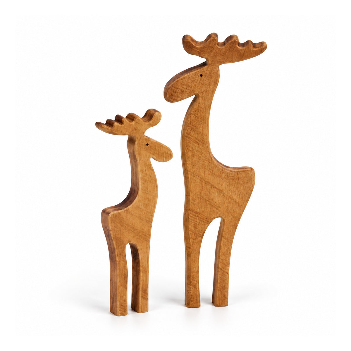Two freestanding brown wooden reindeer silhouettes of different heights with simple antlers and visible wood grain