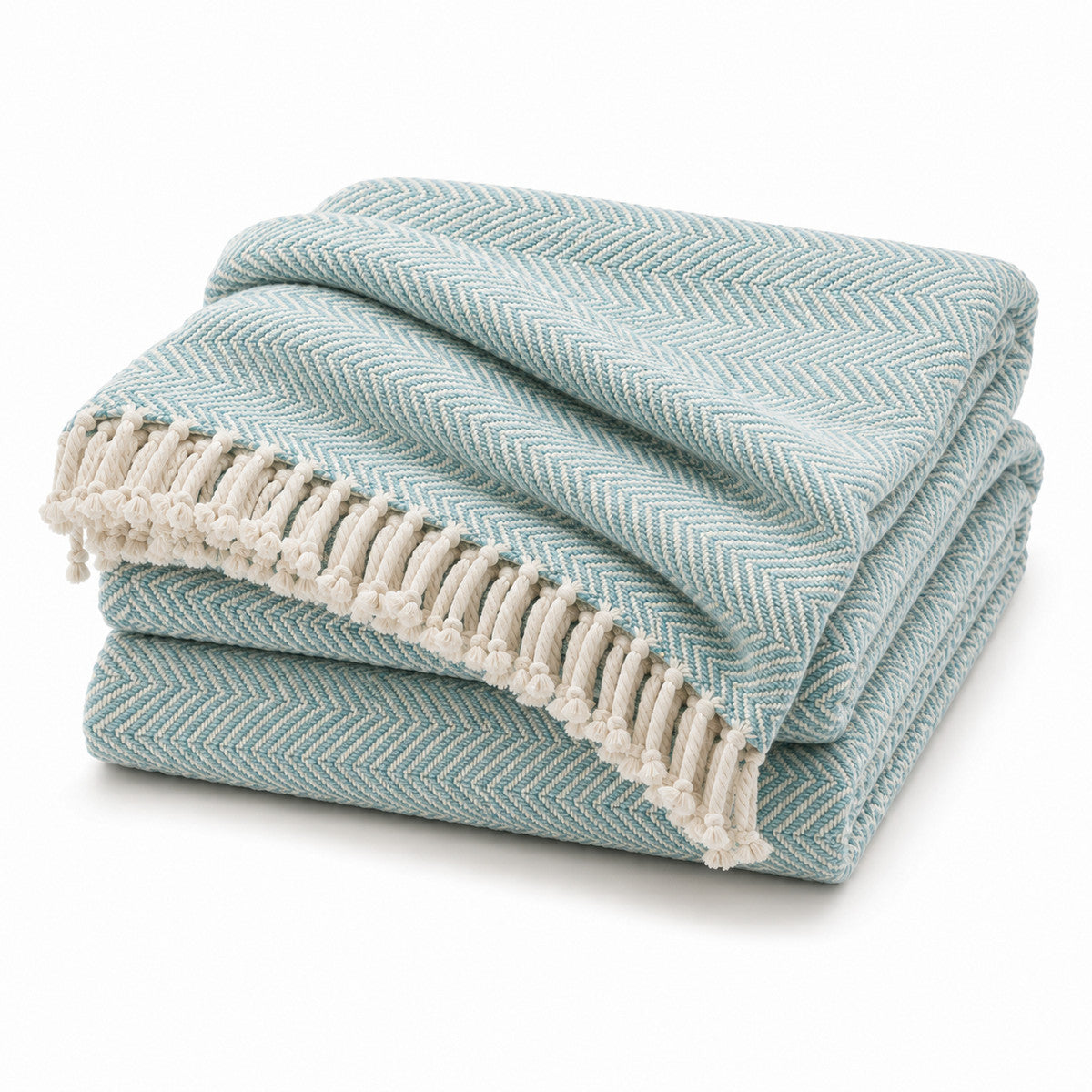 Pale Teal Herringbone Woven Throw with Fringe - Primeval