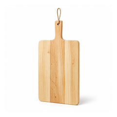 Pale cream-toned rectangular wooden paddle cutting board with short narrowed handle, circular opening and natural rope hanging loop