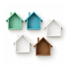 Five small house-shaped wooden wall shelves in mint, teal, white and brown shades with pitched roofs and open display fronts