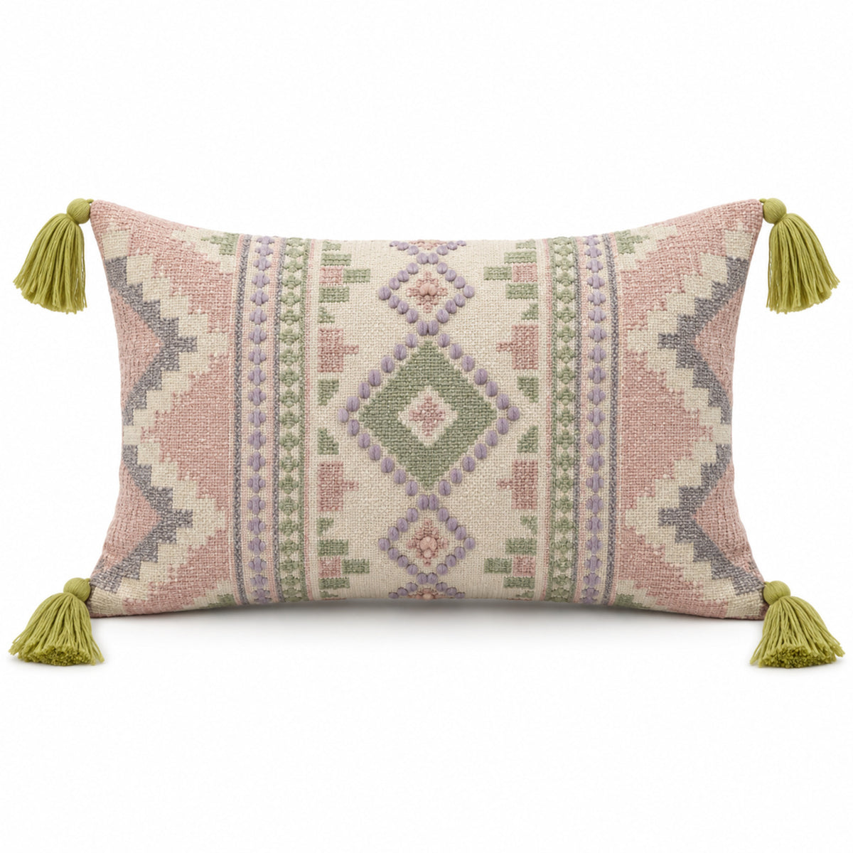Pastel lumbar cushion cover with kilim-inspired geometric pattern and corner tassels