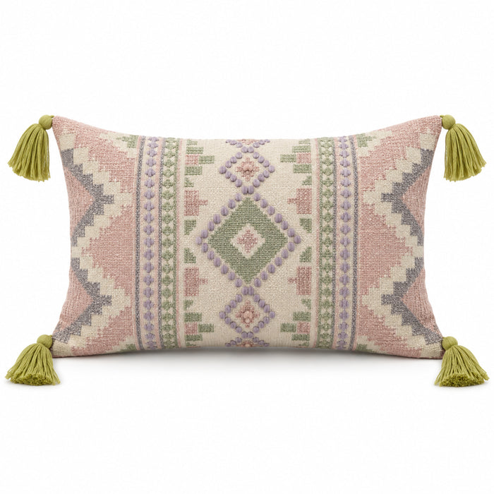 Pastel lumbar cushion cover with kilim-inspired geometric pattern and corner tassels