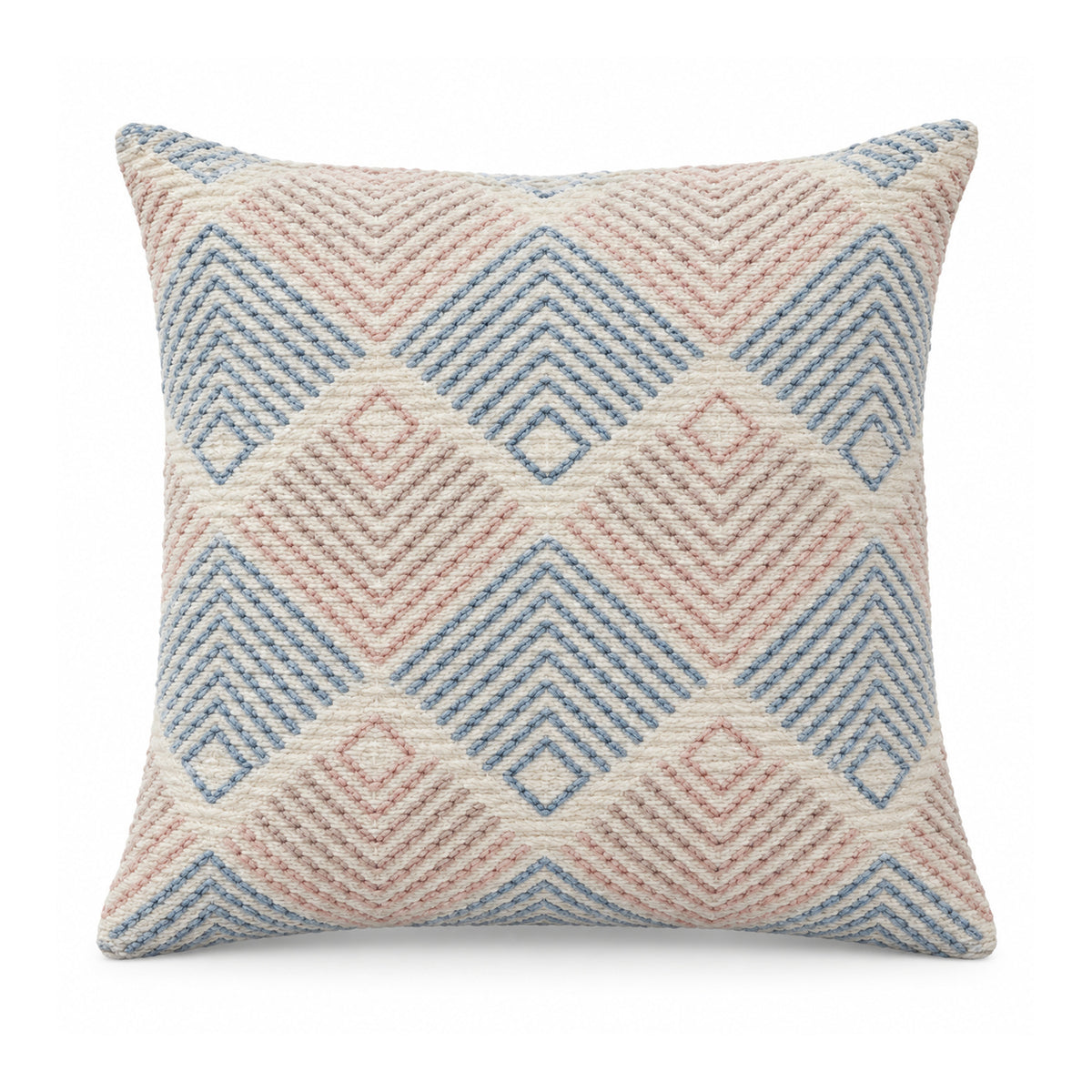 Primeval pastel blush pink and powder blue cushion cover featuring repeating diamond and chevron geometric motifs