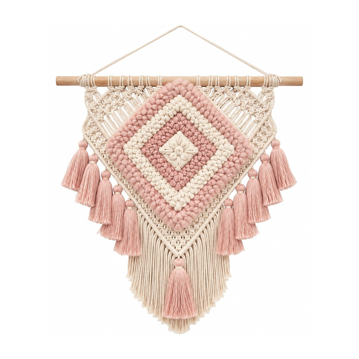 Pastel pink and ivory diamond cotton macrame wall hanging with layered tassels