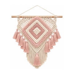 Pastel pink and ivory diamond cotton macrame wall hanging with layered tassels