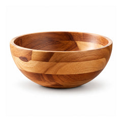 Medium round wooden centerpiece bowl with warm brown and honey-tone patchwork grain sections and deep curved interior