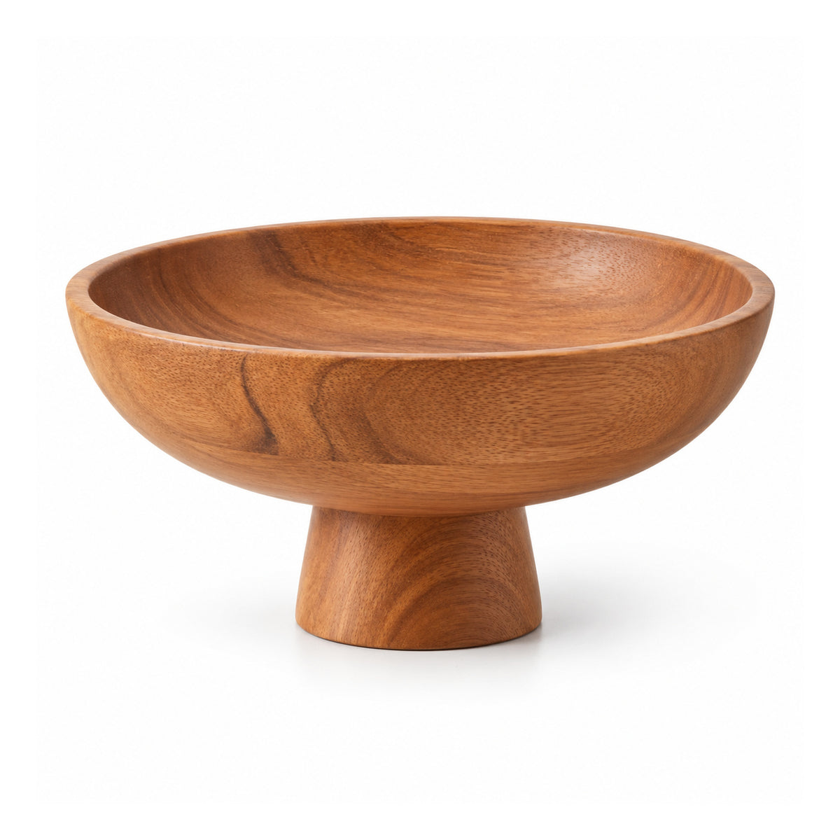 Round wooden fruit serving bowl with wide shallow rim, turned pedestal base and warm brown grain