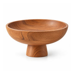 Round wooden fruit serving bowl with wide shallow rim, turned pedestal base and warm brown grain