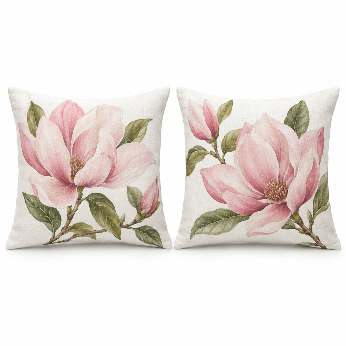 Pair of ivory decorative cushions with soft pink magnolia floral print