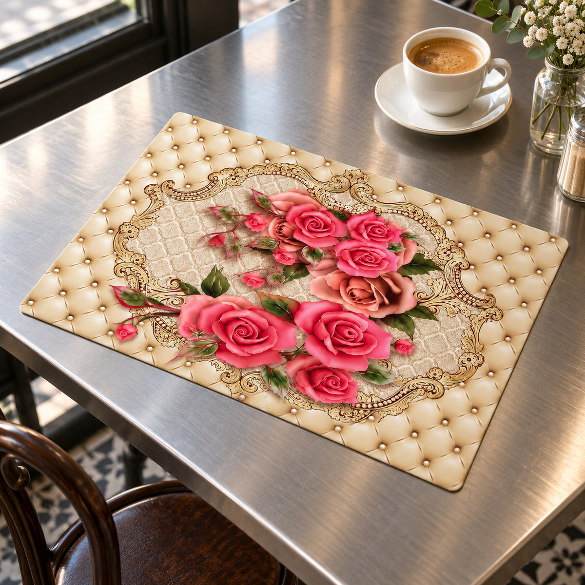 Ivory rectangular placemat decorated with vivid pink rose bouquets, ornate gold scrollwork and pearl-like accents on a dark wooden table