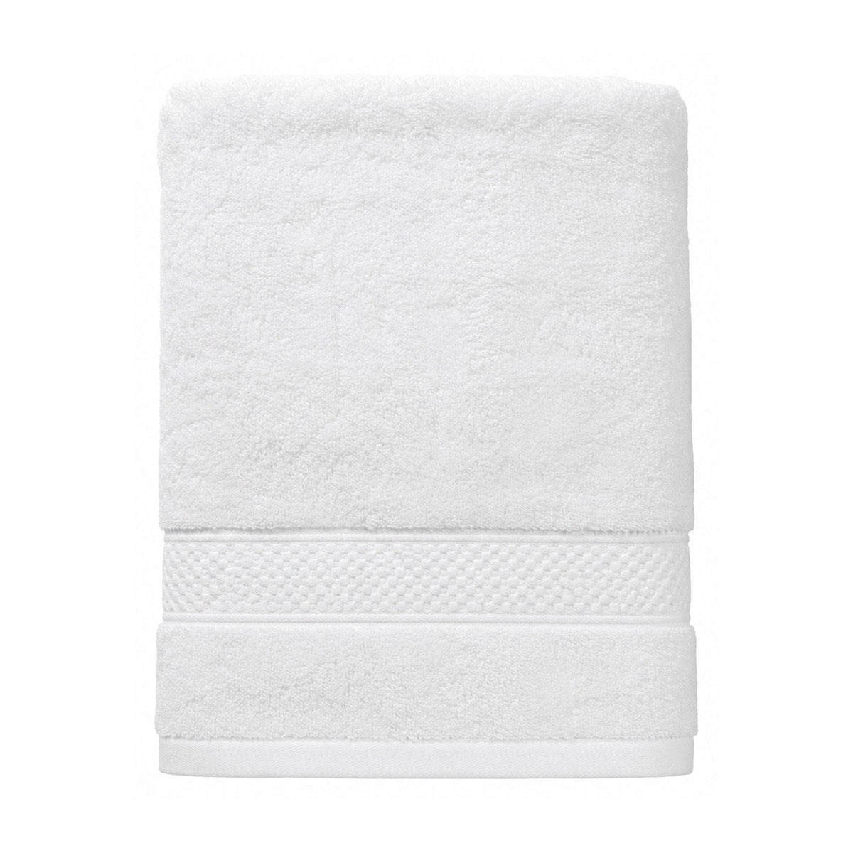 Plush white towel with textured band for hotel, spa and premium bathroom collections