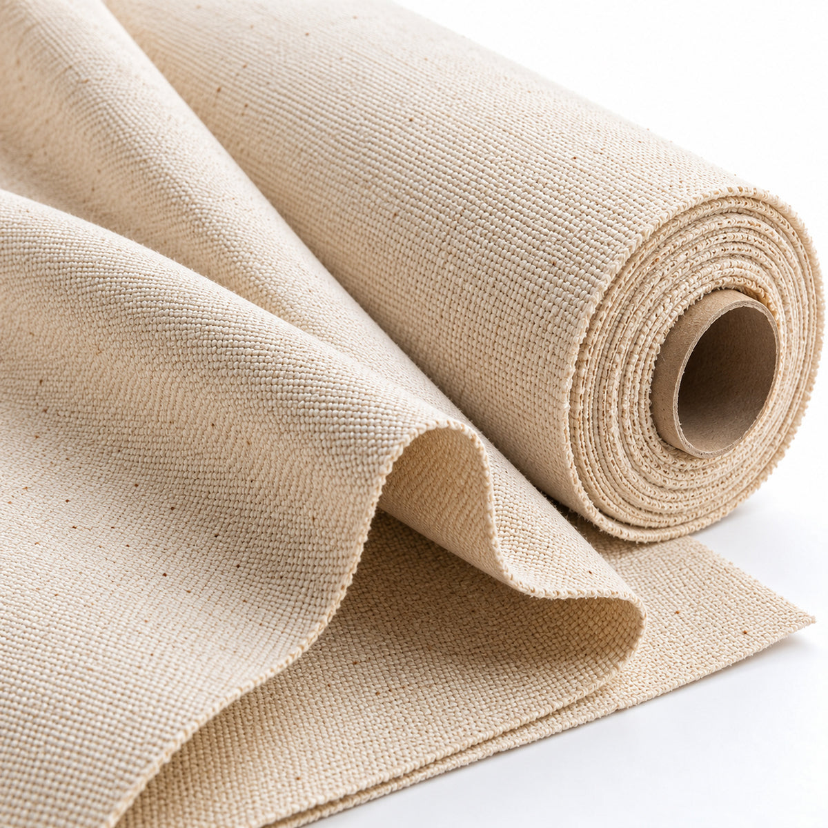 Natural beige cotton canvas fabric roll with coarse plain-weave texture and draped folds, fabric sourcing reference PML-FAB-001