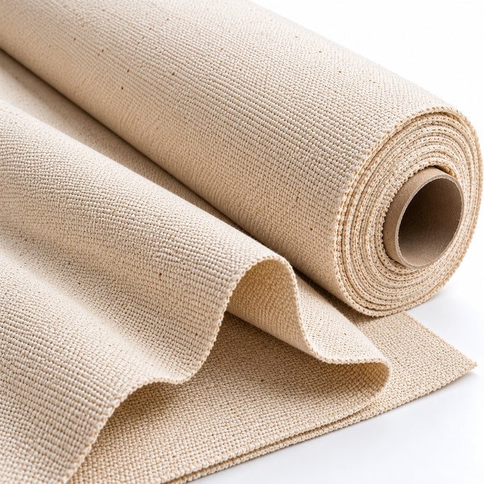 Heavyweight natural cream cotton canvas arranged in broad folds and a thick roll, showing coarse sturdy woven texture; Primeval fabric reference PML-FAB-002