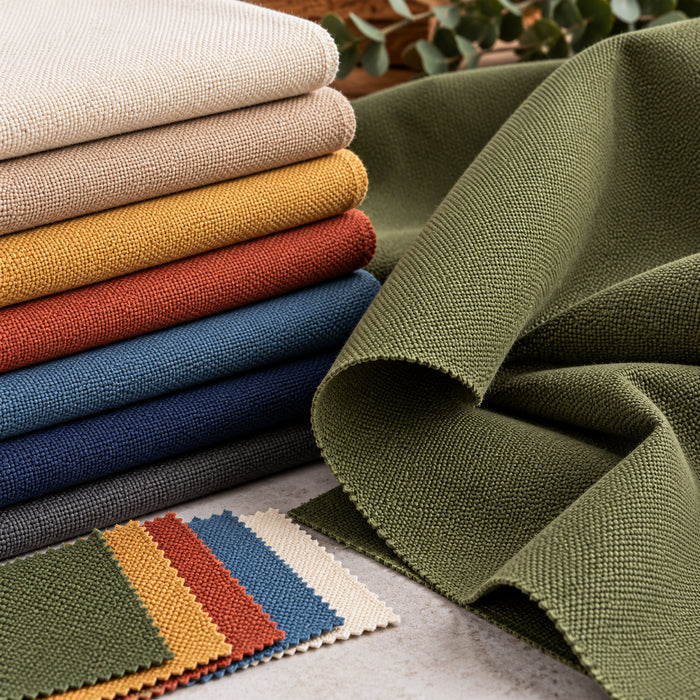 Olive green dyed cotton canvas draped beside neatly stacked multicolour canvas swatches with visible weave; Primeval fabric reference PML-FAB-003