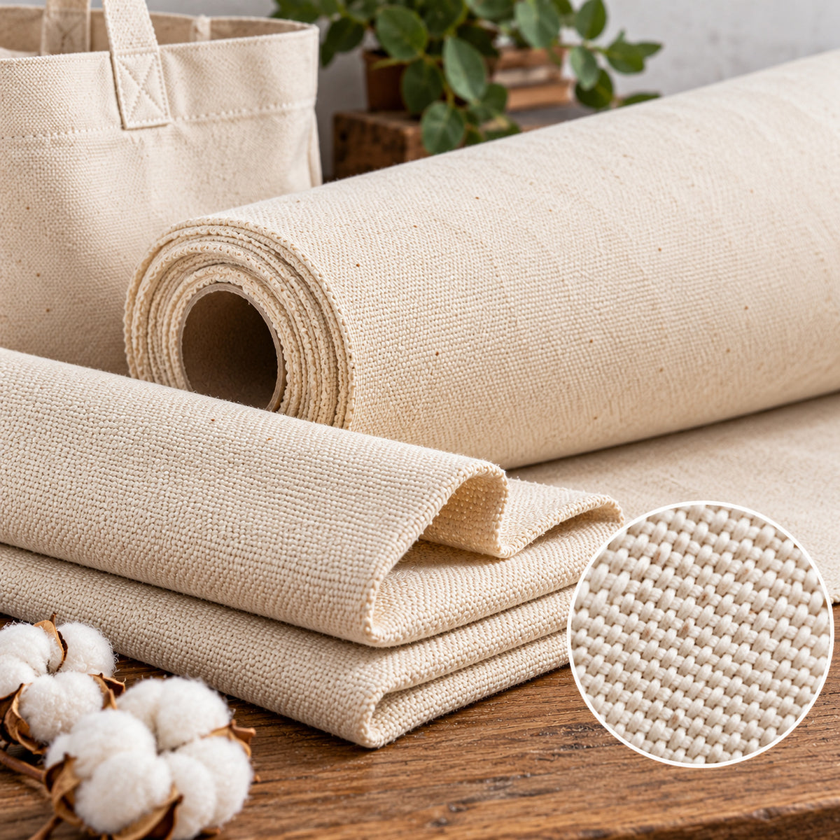Natural cream cotton duck fabric roll and folded swatches with an inset close-up of tight woven texture; Primeval fabric reference PML-FAB-004