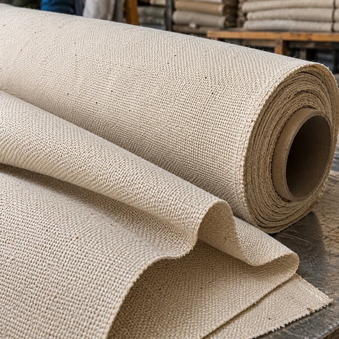 Heavy-duty unbleached cotton duck fabric in a thick roll on a textile workbench, showing rugged tightly woven texture; Primeval fabric reference PML-FAB-005