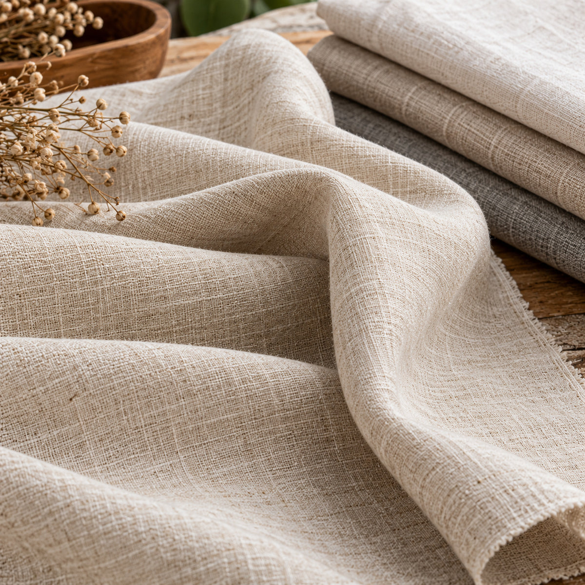 Natural beige linen fabric flowing in soft folds on a wooden table with visible flax-like slub weave; Primeval sourcing reference PML-FAB-006