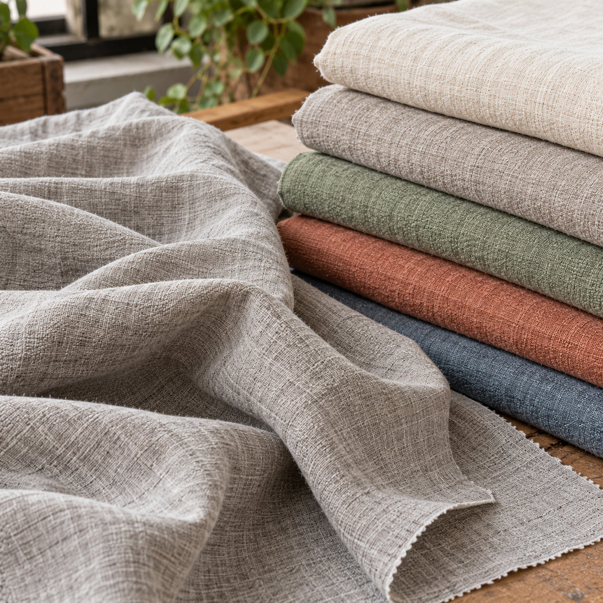 Soft washed grey-beige linen draped beside layered neutral and earthy fabric colours in a natural-light studio; Primeval sourcing reference PML-FAB-007