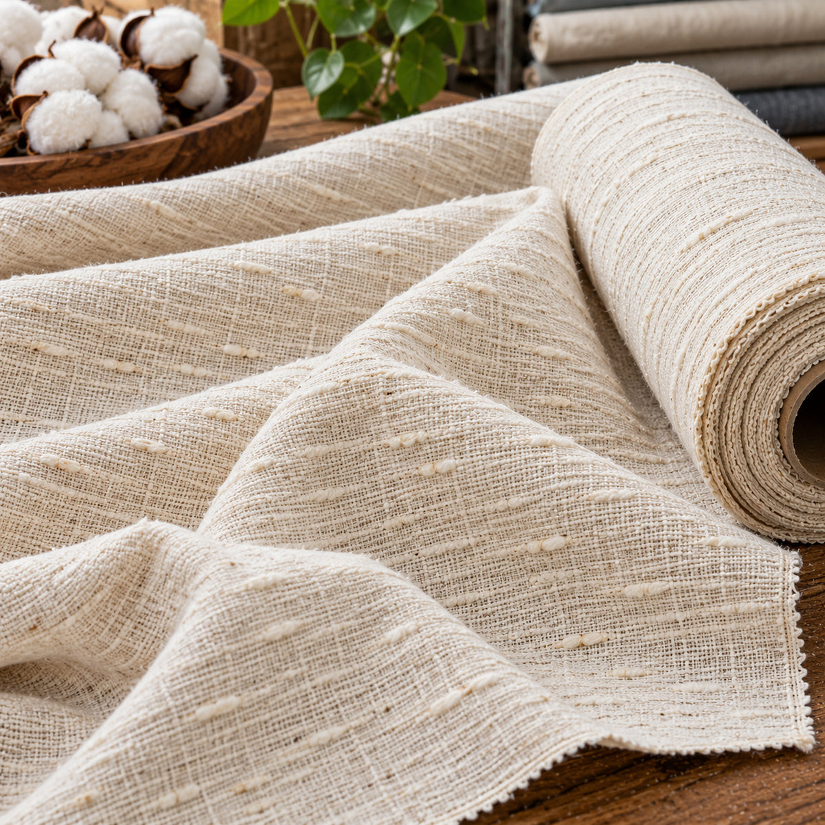 Natural cream cotton slub fabric spread in textured folds beside a fabric roll, showing irregular raised yarn detail; Primeval fabric reference PML-FAB-008