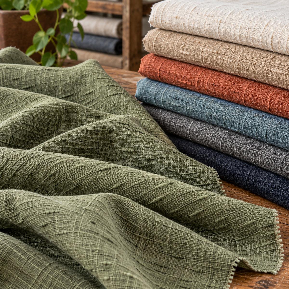Dyed olive green cotton slub fabric with irregular woven texture beside a stack of coordinating colour swatches; Primeval fabric reference PML-FAB-009