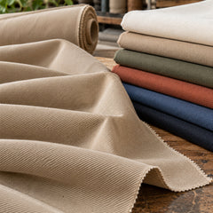 Beige cotton twill fabric draped on wooden worktable displaying diagonal weave beside folded earth-tone colour options; Primeval fabric reference PML-FAB-010