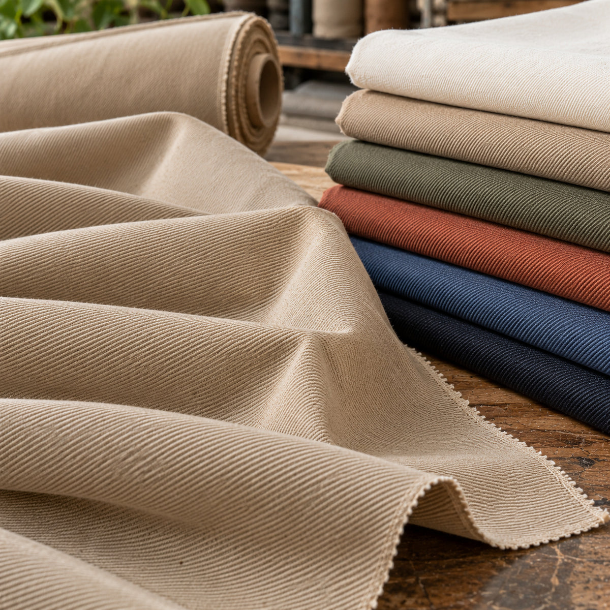 Beige cotton twill fabric draped on wooden worktable displaying diagonal weave beside folded earth-tone colour options; Primeval fabric reference PML-FAB-010