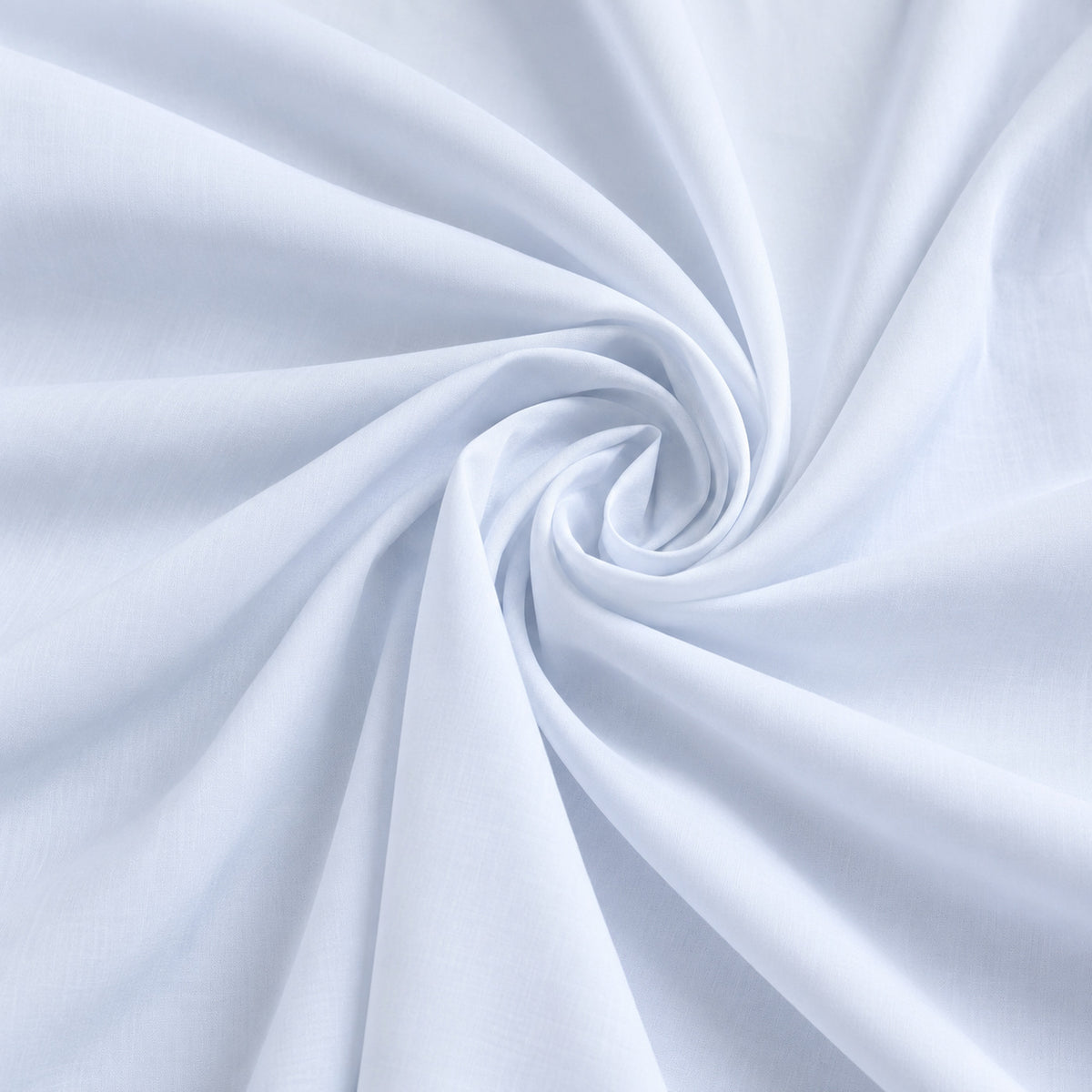 White smooth cotton poplin fabric arranged in a spiral showing soft drape and fine surface; Primeval fabric sourcing reference PML-FAB-013